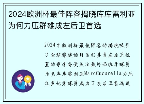 2024欧洲杯最佳阵容揭晓库库雷利亚为何力压群雄成左后卫首选